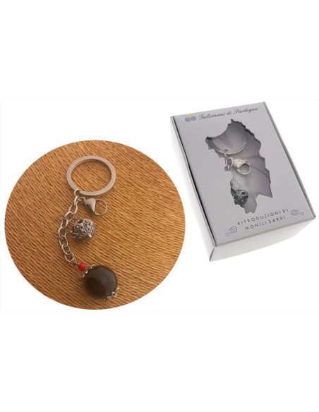 PORTACHIAVI ACCIAIO CON CIONDOLO BOTTONE ANTICATO 12 MM E PIETRA - TALISMANI DI SARDEGNA