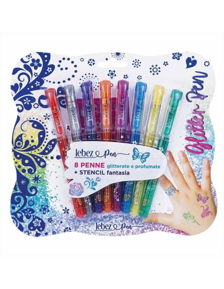 PENNA GLITTER  PER  TATTOO + STENCIL BLISTER 8 COLORI ART 5320 LEBEZ