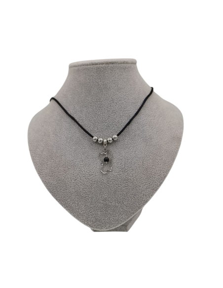 COLLANA TESSUTO NERO CON 4 SFERE ACCIAIO E CIONDOLO ACCIAIO SARDEGNA
