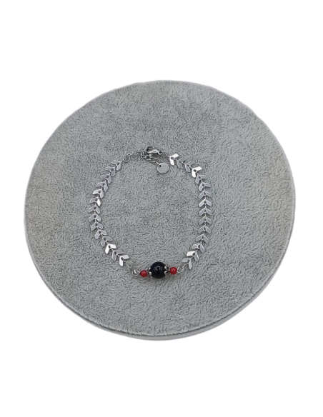 BRACCIALE FOGLIOLINE ACCIAIO CON CENTRALE PIETRA NERA MM 8 E DUE PICCO