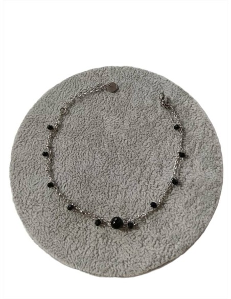 Bracciale 2 fili acciaio maglia cristalli neri e catenina con pietra -