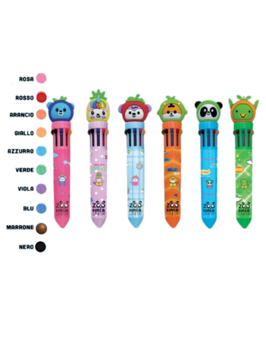 Penna Multicolor 10 colori con Topper 3D TintaUnita Zoo Fruit collecti