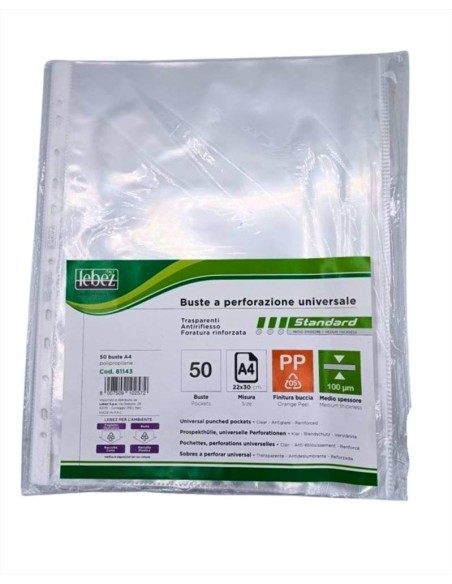 BUSTA FORATURA UNIV. A4 100 MICRON BUCCIA BL.50 PZ ART 81143  LEBEZ  |